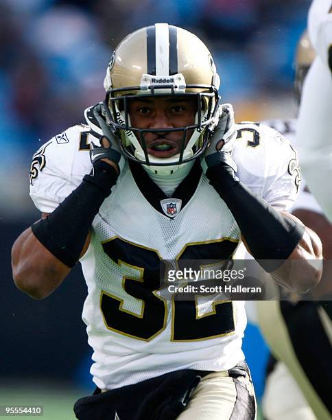 Jabari Greer of the New Orleans Saints celebrates a play on the field during the game against the Carolina Panthers at Bank of America Stadium on...