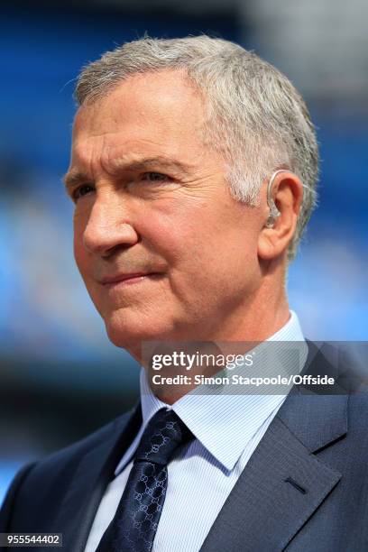 Pitchside pundit Graeme Souness looks on during the Premier League match between Manchester City and Huddersfield Town at the Etihad Stadium on May...