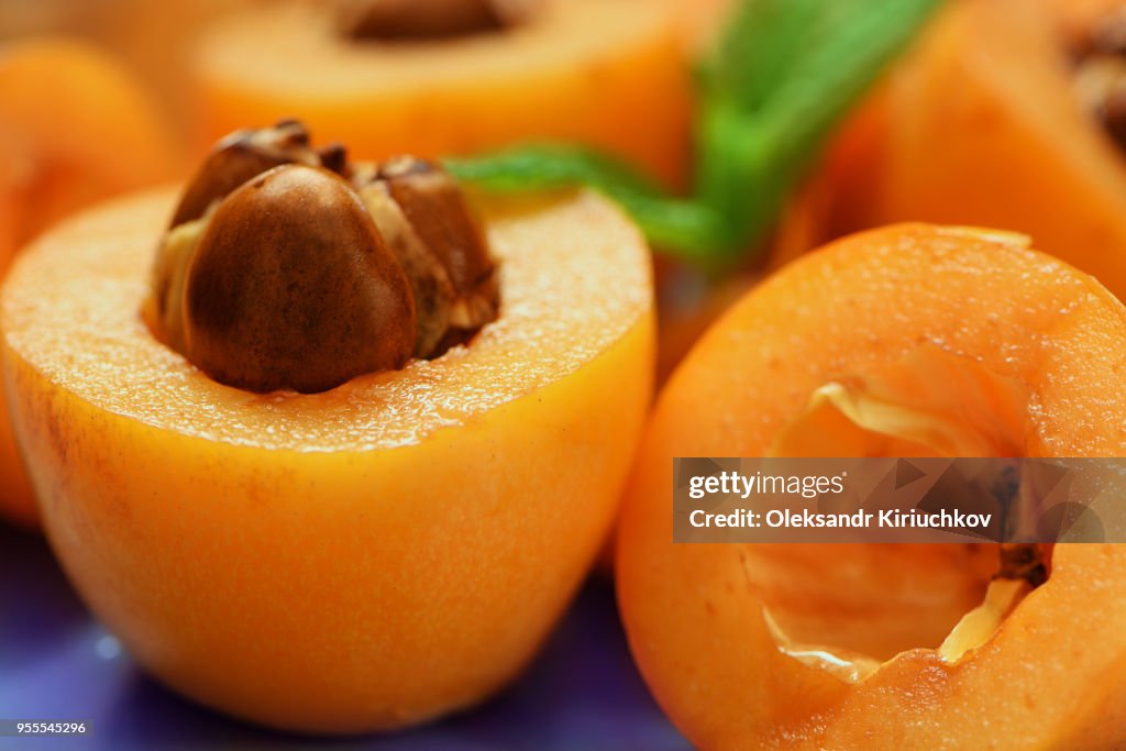 Fresh ripe Loquat Nispero cuted with mint leafs on purple background Macro