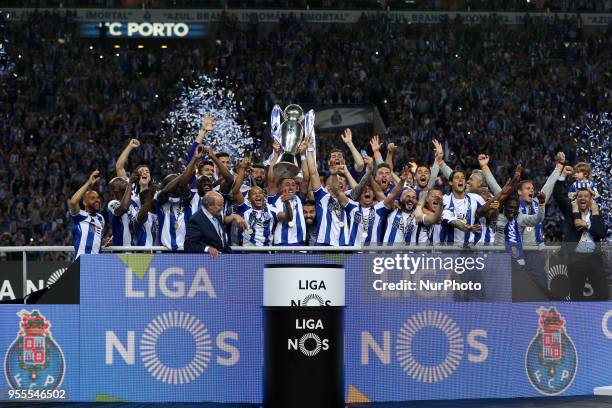 Porto's team raises the national champion trophy during the Premier League 2017/18 match between FC Porto and CD Feirense, at Dragao Stadium in Porto...