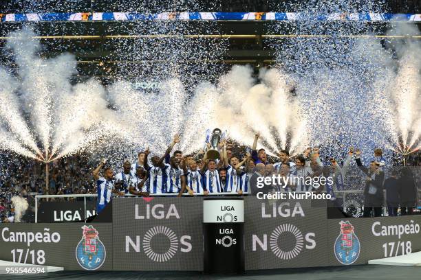 Porto's team raises the national champion trophy during the Premier League 2017/18 match between FC Porto and CD Feirense, at Dragao Stadium in Porto...