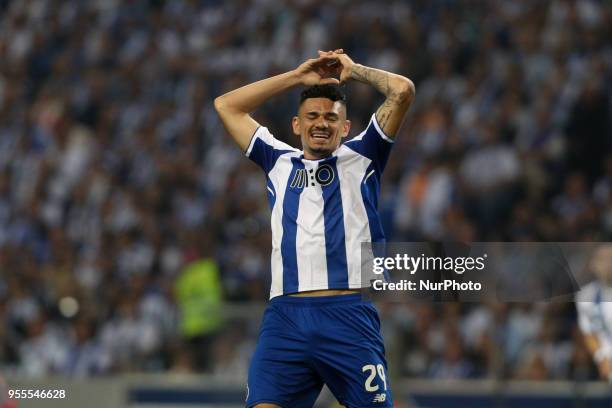 Porto's Brazilian forward Soares reacts during the Premier League 2017/18 match between FC Porto and CD Feirense, at Dragao Stadium in Porto on May...