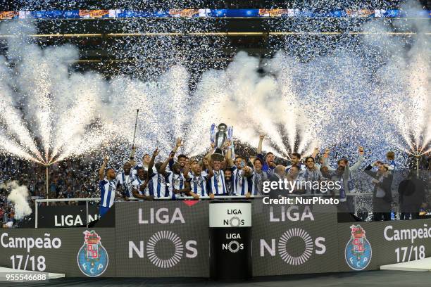 Porto's team raises the national champion trophy during the Premier League 2017/18 match between FC Porto and CD Feirense, at Dragao Stadium in Porto...