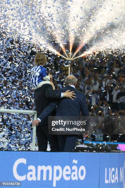 Porto's Portuguese head coach Sergio Conceicao and Porto's President Jorge Nuno Pinto da Costa celebrates the title of national champion during the...