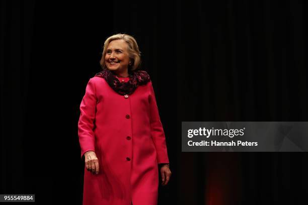 Hillary Rodham Clinton arrives to speak during An Evening with Hillary Rodham Clinton at Spark Arena on May 7, 2018 in Auckland, New Zealand. The...