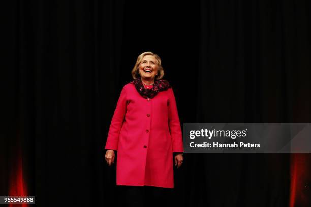 Hillary Rodham Clinton arrives to speak during An Evening with Hillary Rodham Clinton at Spark Arena on May 7, 2018 in Auckland, New Zealand. The...