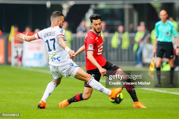 Rami Bensebaini of Rennes and Anthony Goncalves of Strasbourg during the Ligue 1 match between Stade Rennes and Strasbourg at Roazhon Park on May 6,...