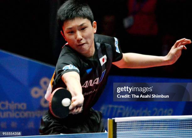 Tomokazu Harimoto of Japan competes against Jeoung Youngsik of South Korea in the Men's quarter final on day six of the World Team Table Tennis...