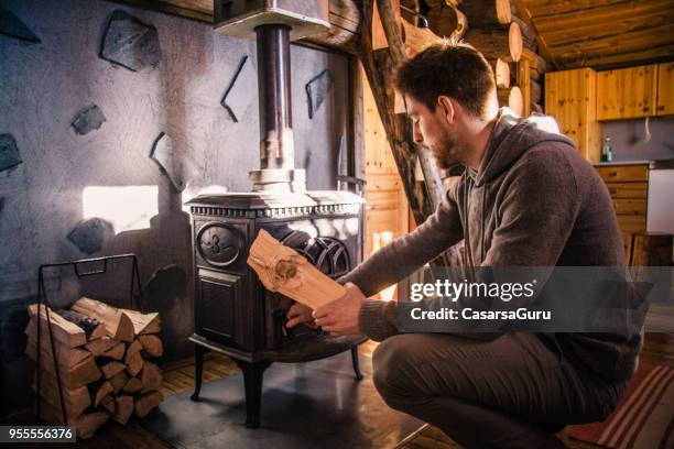 young man putting firewood in wood burning stove - wood burning stove stock pictures, royalty-free photos & images