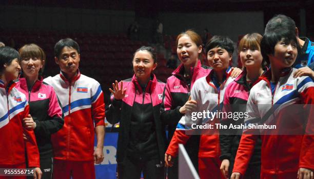 Team Corea applaud fans after the Women's semi final against Japan on day six of the World Team Table Tennis Championships at Halmstad Arena on May...
