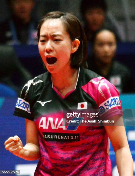 Kasumi Ishikawa of Japan celebrates a point against Kim Song I of Corea in the Women's semi final against Japan on day six of the World Team Table...