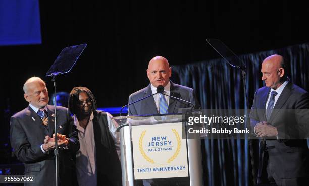 Buzz Aldrin, Whoopi Goldberg, Mark Kelly and Scott Kelly attend the 2018 New Jersey Hall Of Fame Induction Ceremony at Asbury Park Convention Center...
