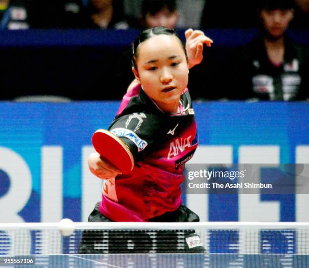 Mima Ito of Japan competes against Jeon Jihee of Corea in the Women's semi final against Japan on day six of the World Team Table Tennis...