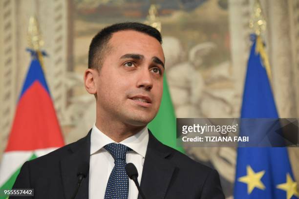 Anti-establishment Five Star Movement leader Luigi Di Maio speaks to the press after a meeting with Italian President Sergio Mattarella as part of...