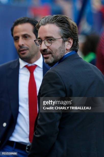 Caen's shareholder Pierre-Antoine Capton looks on before the French L1 football match Caen vs Monaco on May 6 at the Michel d'Ornano stadium, in...