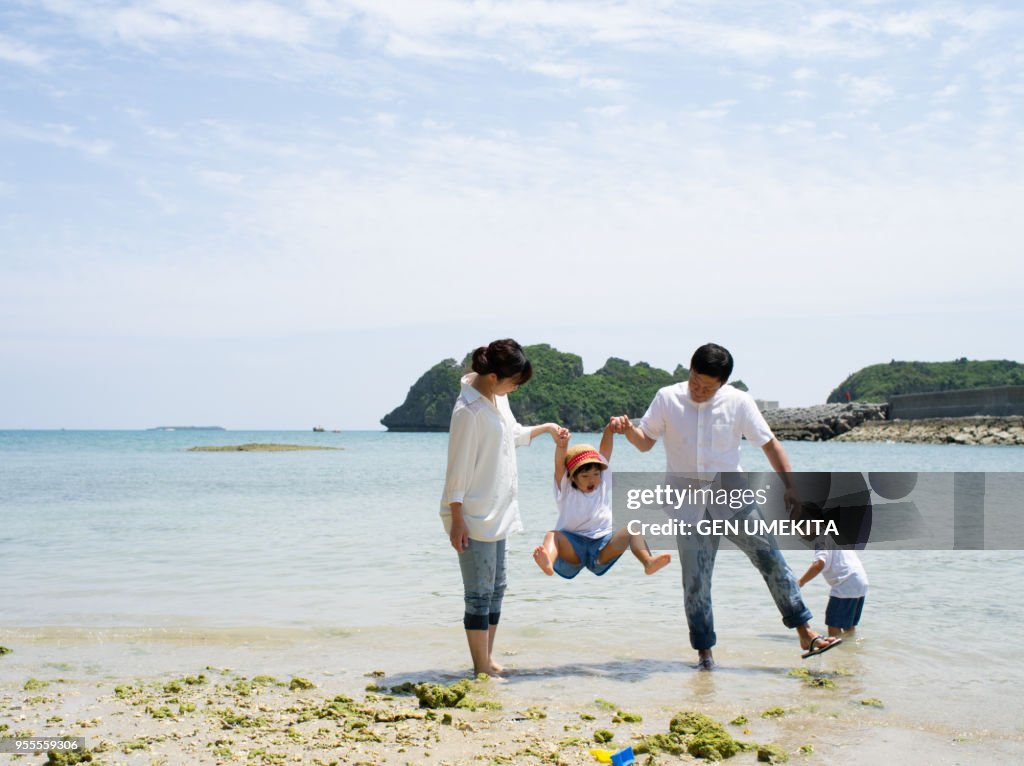 The family playing on the beach