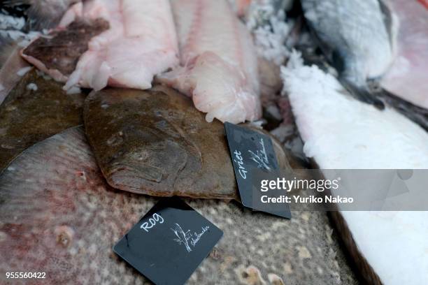 Brill and ray fish are displayed at an outdoor market during a celebration of the Koningsdag or the King's day April 27 in Katwijk, Netherlands....