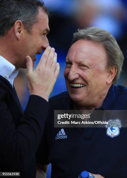 Cardiff City manager Neil Warnock alongside Paul Clement manager of Reading during the Sky Bet Championship match between Cardiff City and Reading at...