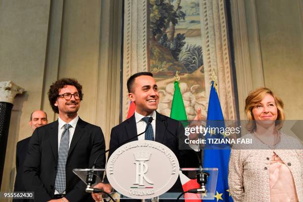 Anti-establishment Five Star Movement leader Luigi Di Maio flanked by Danilo Toninelli president of the M5S group at the Senate and Giulia Grillo,...