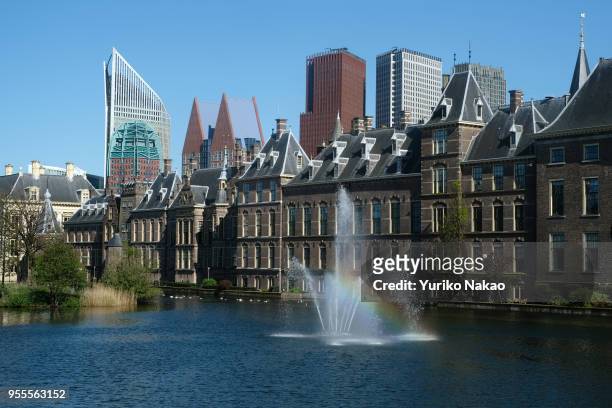 Rainbow is seen on a fountain of the Hofvijver, or 'Court Pond' in front of Binnenhof on May 3 in The Hague, Netherlands.