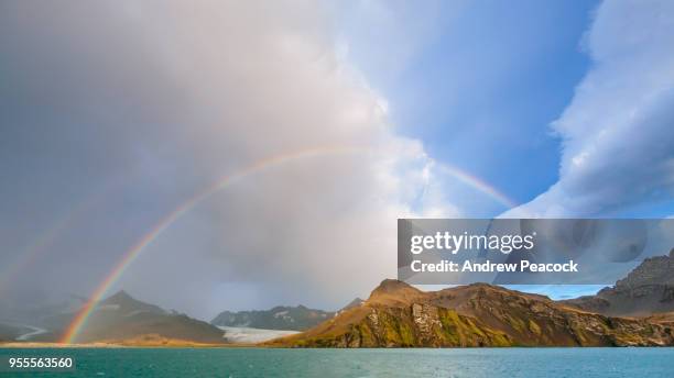 a rainbow at st andrews bay, south georgia island - st andrews bay stockfoto's en -beelden