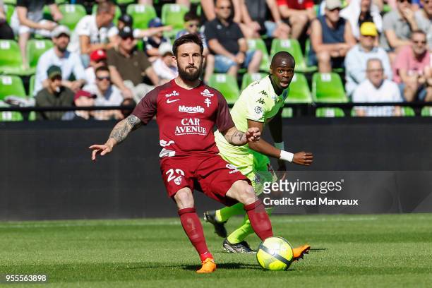 Julian Palmieri of Metz and Prince Oniangue of Angers during the Ligue 1 match between Metz and Angers SCO at on May 6, 2018 in Metz, .