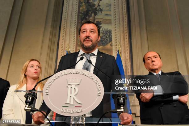 Matteo Salvini , leader of the far-right party "Lega" speaks to the press flanked by Silvio Berlusconi , leader of the right-wing party "Forza...