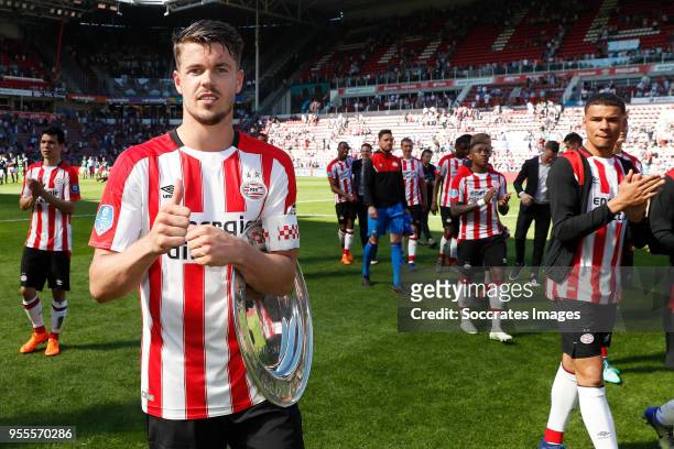 Marco van Ginkel of PSV celebrate with trophy during the Dutch Eredivisie match between PSV v FC Groningen at the Philips Stadium on May 6, 2018 in...