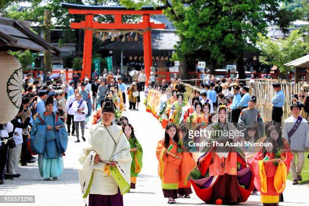 Shiho Sakashita, the Saiodai for this year's Aoi Festival, attends the 'Misogi no Gi' purification ceremony at Kamigamo Jinja Shrine on May 4, 2018...