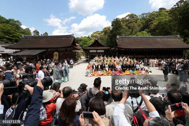 Shiho Sakashita, the Saiodai for this year's Aoi Festival, attends the 'Misogi no Gi' purification ceremony at Kamigamo Jinja Shrine on May 4, 2018...