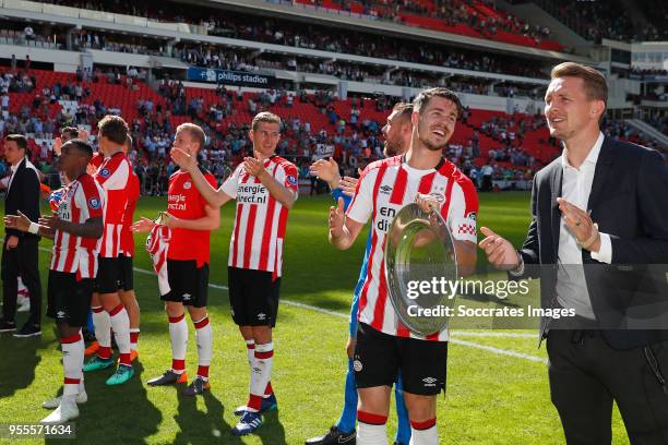 Daniel Schwaab of PSV, Jeroen Zoet of PSV, Marco van Ginkel of PSV, Luuk de Jong of PSV celebrate with trophy during the Dutch Eredivisie match...