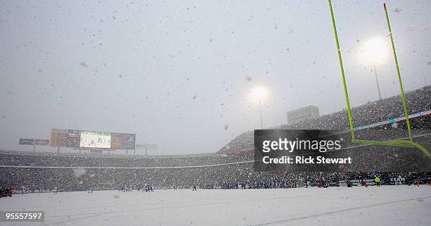 General view of the Buffalo Bills playing the Indianapolis Colts in the snow at Ralph Wilson Stadium on January 3, 2010 in Orchard Park, New York.