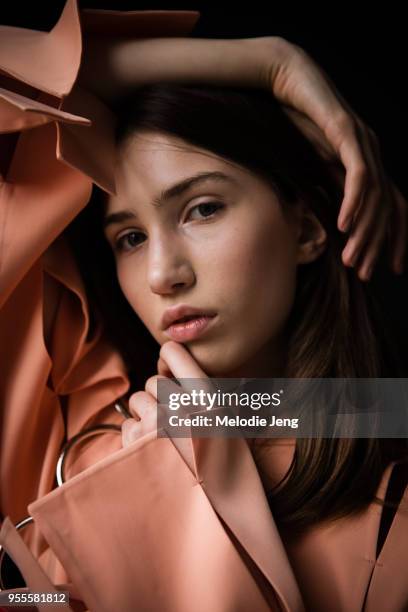 Model Lizi Godziashvili backstage at Materiel by Materiel by Lado Bokuchava FW18 on May 6, 2018 in Tbilisi, Georgia.