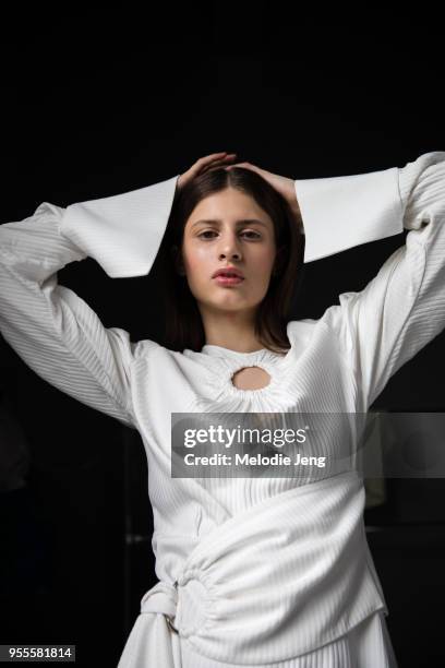 Model Beatris Klimenko backstage at Materiel by Materiel by Lado Bokuchava FW18 on May 6, 2018 in Tbilisi, Georgia.