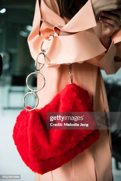 Model bag details backstage at Materiel by Materiel by Lado Bokuchava FW18 on May 6, 2018 in Tbilisi, Georgia.