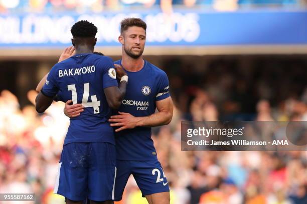 Tiemoue Bakayoko of Chelsea and Gary Cahill of Chelsea during the Premier League match between Chelsea and Liverpool at Stamford Bridge on May 6,...