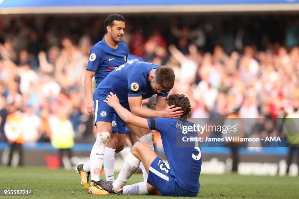 Gary Cahill of Chelsea and Marcos Alonso of Chelsea during the Premier League match between Chelsea and Liverpool at Stamford Bridge on May 6, 2018...