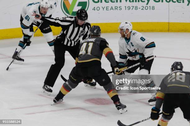 Vegas Golden Knights left wing Pierre-Edouard Bellemare and San Jose Sharks center Joe Pavelski prepare for a face-off during Game 5 of the Western...