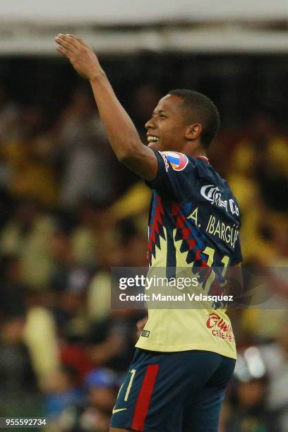 Jorge Ibarguen of America celebrates after scoring the second goal of his team during the quarter finals second leg match between America and Pumas...