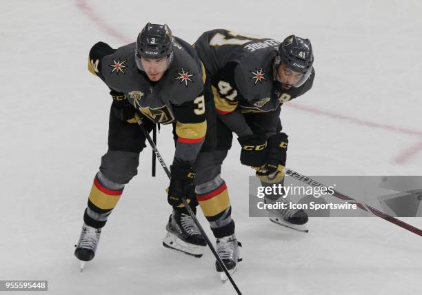 Vegas Golden Knights defenseman Brayden McNabb and left wing Pierre-Edouard Bellemare in action during Game 5 of the Western Conference Second Round...