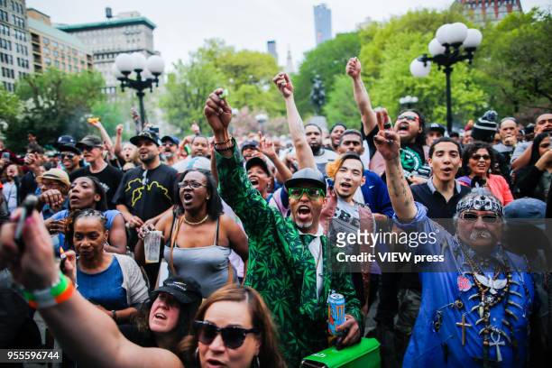 People take part in the World March for Cannabis legalization on May 5, 2018 in Manhattan, New York . The Cannabis or Marijuana March is an...