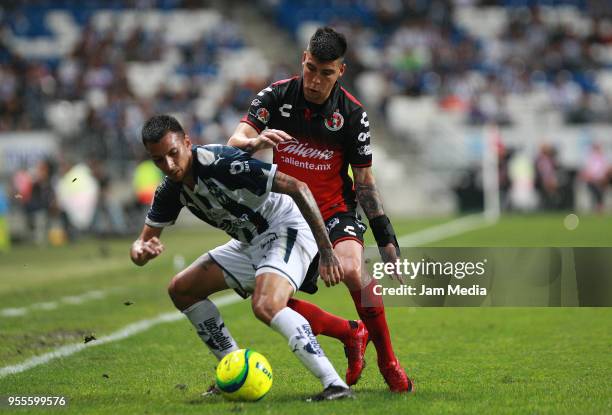 Jonathan Urretaviscaya of Monterrey and Luis Mendoza of Tijuana fight for the ball during the quarter finals second leg match between Monterrey and...