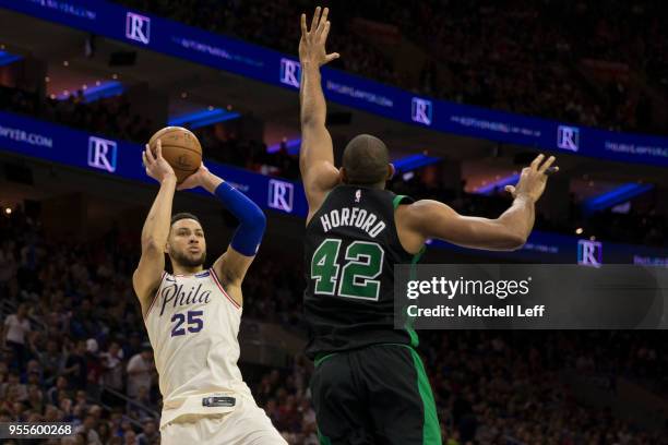 Ben Simmons of the Philadelphia 76ers shoots the ball against Al Horford of the Boston Celtics during Game Three of the Eastern Conference Second...