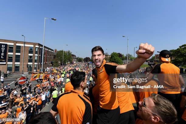 Ruben Neves of Wolverhampton Wanderers during their celebrations of winning the Sky Bet Championship on a winners parade around the city of...