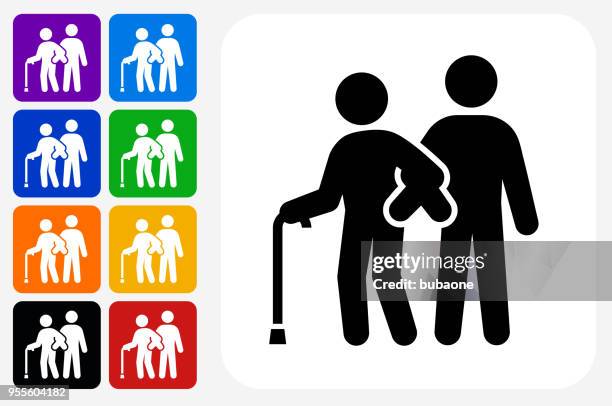 elderly assistance icon square button set - nursing home stock illustrations