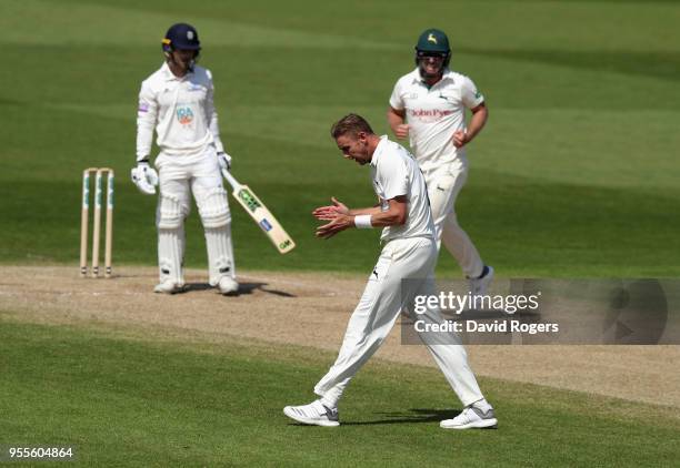 Stuart Broad of Nottinghamshire celebrates after taking the wicket of Lewis McManus during day four of the Specsavers County Championship Division...