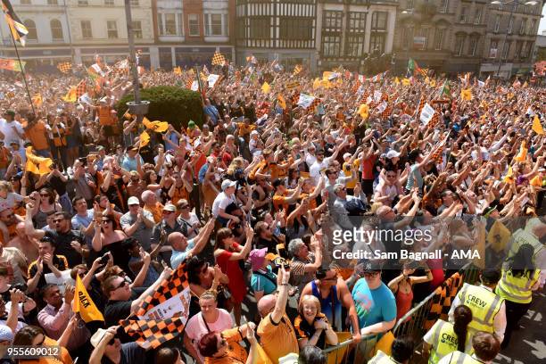 Fans of Wolverhampton Wanderers during their celebrations of winning the Sky Bet Championship on a winners parade around the city of Wolverhampton on...