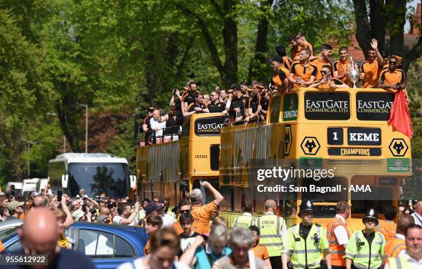 Wolverhampton Wanderers on an open topped bus during their celebrations of winning the Sky Bet Championship on a winners parade around the city of...
