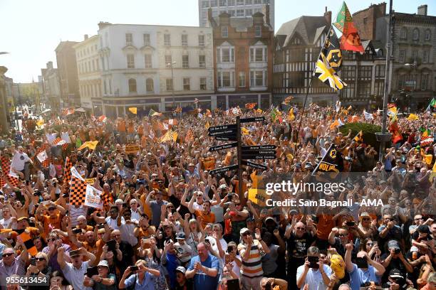 Wolverhampton Wanderers fans during their celebrations of winning the Sky Bet Championship on a winners parade around the city of Wolverhampton on...