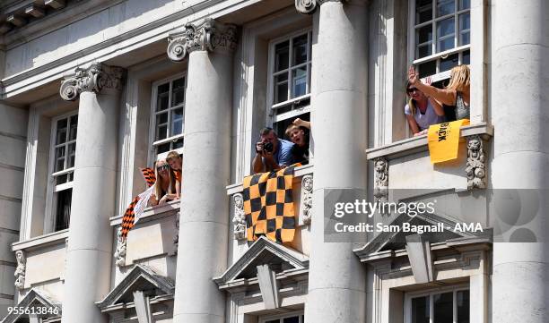 Wolverhampton Wanderers fans during their celebrations of winning the Sky Bet Championship on a winners parade around the city of Wolverhampton on...